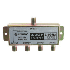 F-Pin Coaxial Splitter, 4 Way, 2 GHz 90 dB, DC Passing on One Port