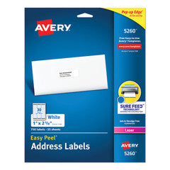 Avery Easy Peel Mailing Address Labels, Laser, 1 x 2 5/8, White, 750/Pack - 5260