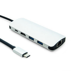 USB C Male to HDMI+2 x USB 3.0 female+RJ45 + USB C male mini docking station/hub