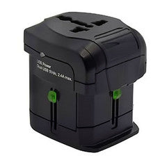 International travel power adapter with 2 USB 2.0 ports(2.4 A total).  For use with US, UK, EU, Australia, and China power plugs.