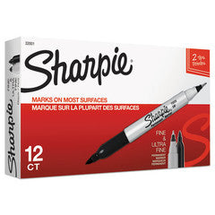 Sharpie Twin-Tip Permanent Marker, Fine/Extra-Fine Bullet Tip, Black, 12/pack