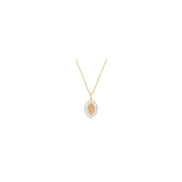 Goldtone Pink And Clear Cz Oval Halo Pendant