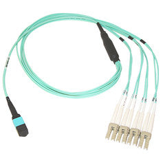 Plenum Fiber Optic Cable, 40 Gigabit Ethernet QSFP 40GBase-SR4 to MTP(MPO)/LC (4 Duplex LC) 24 inch Breakout Cable, OM3, 50/125, 50 meter
